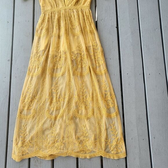 Fashion Nova Maxi Dress Sheer Lace Floral Print Flutter Sleeve Back Zip Yellow M - Picture 3 of 6